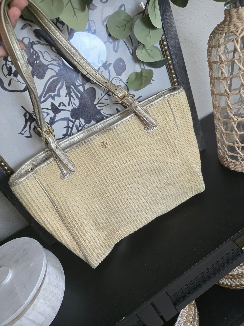 Tory Burch York Buckled Natural Woven Straw Tote Bag Gold Leather Straps Handbag